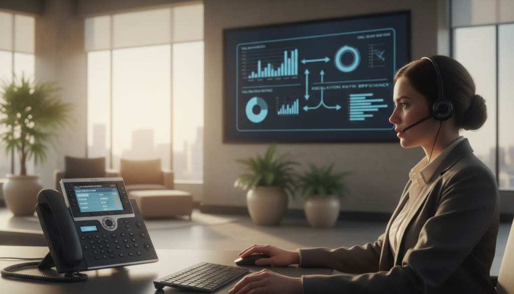 A busy modern office environment depicting a professional woman dressed in business attire, focused on her work while using a headset. In the foreground, a sleek desk with a high-end phone system displaying call forwarding options. In the middle, a digital screen shows graphs and data related to call routing and escalation, emphasizing efficient communication flow. In the background, soft-focus office décor with vibrant plants and large windows letting in natural light, creating a bright and productive atmosphere. Capture this scene in photorealistic detail with warm lighting, using a slight depth of field effect to draw attention to the woman and her task, conveying a mood of professionalism and reliability in call handling.