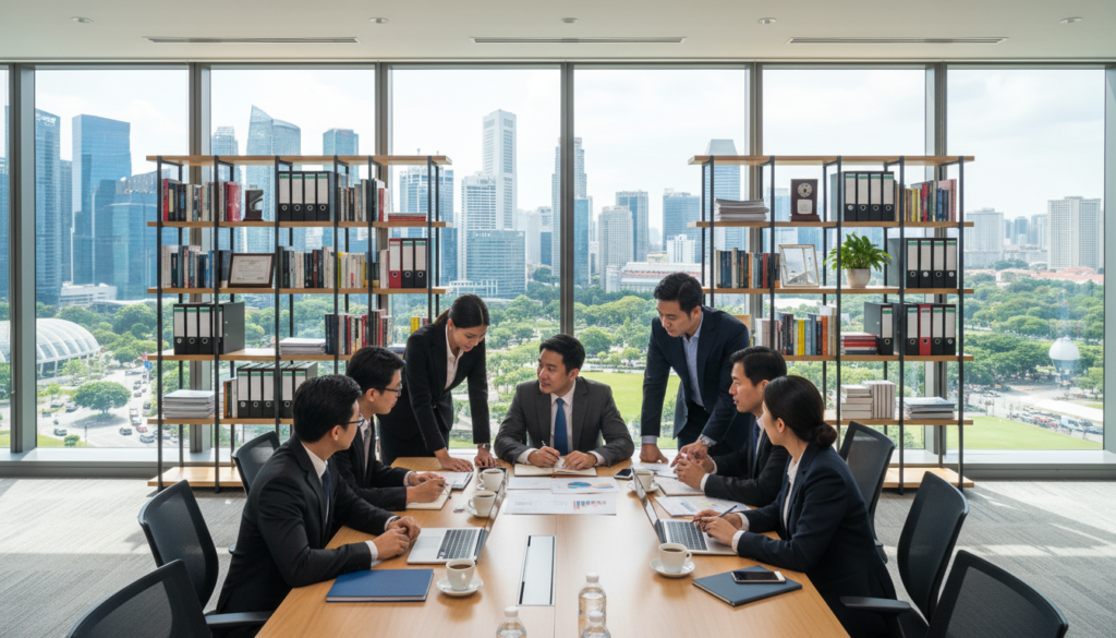 A busy office environment focusing on business activity. In the foreground, a diverse group of professionals, dressed in smart business attire, collaborate around a large conference table cluttered with documents, laptops, and coffee cups. The middle ground features tall shelves filled with business books and binders, creating an organized atmosphere. In the background, large windows reveal a vibrant cityscape of Singapore with skyscrapers and greenery, under bright, natural daylight that casts soft shadows across the room. The mood is dynamic and productive, emphasizing teamwork and planning as these individuals prepare their business activity details for classification. The image should be photorealistic, capturing the essence of professionalism in a bustling urban setting.