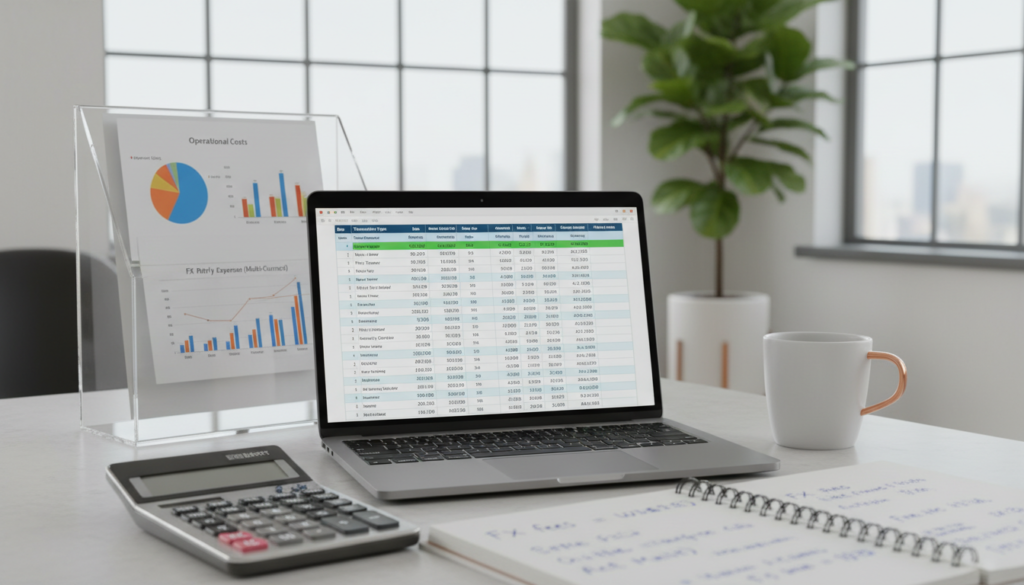 A close-up of a professional-looking business desk setup, featuring a laptop displaying a detailed spreadsheet of fees and charges related to a multi-currency business account. In the foreground, an elegant calculator rests beside a notepad with financial notes scribbled on it. The middle ground showcases a well-organized document holder filled with colorful graphs and charts illustrating costs, while a modern coffee mug sits nearby. In the background, soft natural light streams through a window, creating a bright and airy atmosphere. A potted plant adds a touch of green to the scene. The overall mood is focused and professional, evoking a sense of careful planning and consideration. The image should be photorealistic, with attention to detail in textures and reflections.