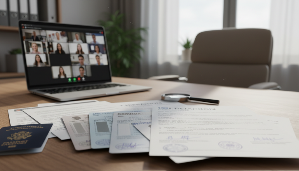 A cluttered desk scene evoking professionalism, featuring a variety of documents essential for director verification in a virtual office setting. In the foreground, neatly arranged papers such as identification forms, utility bills, and bank statements, all displaying realistic details, including signatures and official seals. The middle area shows a laptop with an open video conferencing application, indicating a virtual meeting. Soft, natural light filters in from a window in the background, casting a warm glow over the workspace, enhancing the inviting yet serious atmosphere. The image should have a shallow depth of field, focusing sharply on the documents while the laptop and background blur softly. The overall mood is professional and organized, suitable for KYC requirements.