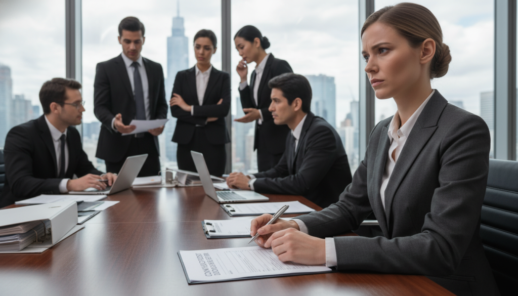 A corporate boardroom scene illustrating the concept of conflict of interest, with a professional businessperson in a tailored suit looking contemplative, seated at a elegant conference table filled with documents. In the foreground, a pair of hands hold a pen poised over a disclosure form, demonstrating the tension of ethical responsibility. In the middle ground, a diverse group of professionals, dressed in formal attire, engage in discussion, with some exchanging concerned glances, hinting at underlying tensions. The background features a large window showcasing a city skyline in soft natural light, creating a contrast between the bustling outside world and the serious deliberation inside. The mood is tense yet focused, emphasizing the weight of decision-making and transparency in business practices.