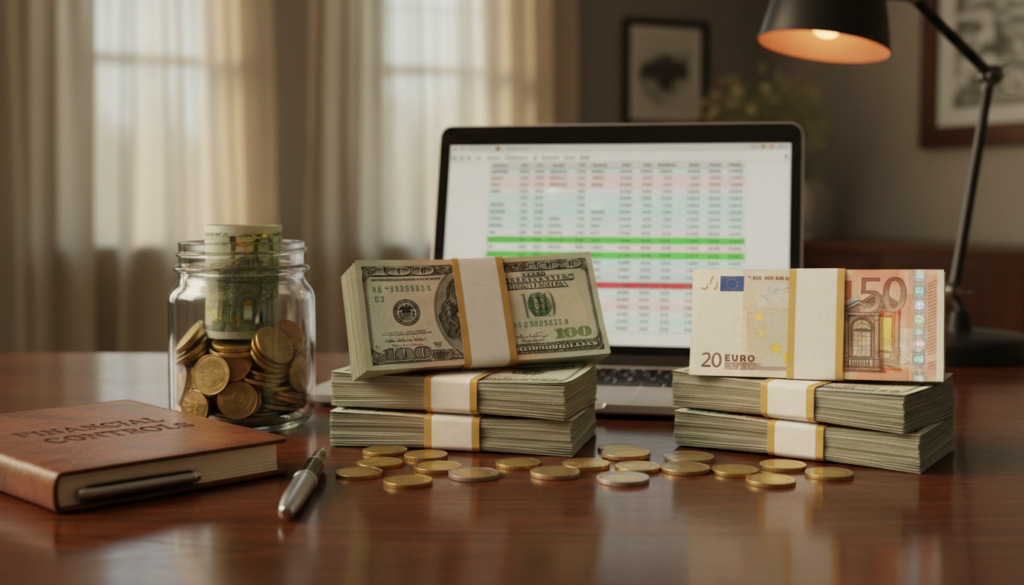 A detailed display of cash in various denominations stacked neatly on a polished wooden desk, with some coins scattered around. In the foreground, a transparent glass jar filled with petty cash sits next to a professional notebook and pen. The middle ground features a laptop open to a financial spreadsheet, emphasizing control over transactions. In the background, a soft-focus office setting with elegant curtains and a warm lamp casts a cozy yet professional ambiance. The lighting is warm with soft shadows, creating a reassuring and focused atmosphere. The scene captures the essence of financial management, highlighting the importance of cash controls in a modern workspace, presented in photorealistic detail.