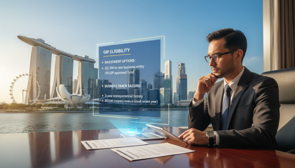 A detailed, photorealistic illustration of Singapore's investor visa requirements, with a focus on the core eligibility criteria under the GIP. In the foreground, depict a professional businessperson in smart attire, reviewing official documents on a sleek wooden desk, conveying a sense of seriousness and dedication. The middle layer features an illuminated infographic displaying key eligibility criteria, such as investment amounts and business qualifications, presented in an elegant, modern design. In the background, capture an iconic view of Singapore's skyline, showcasing recognizable structures like Marina Bay Sands and the Singapore Flyer, with a clear blue sky. The lighting should be warm and inviting, creating an atmosphere of opportunity and ambition.