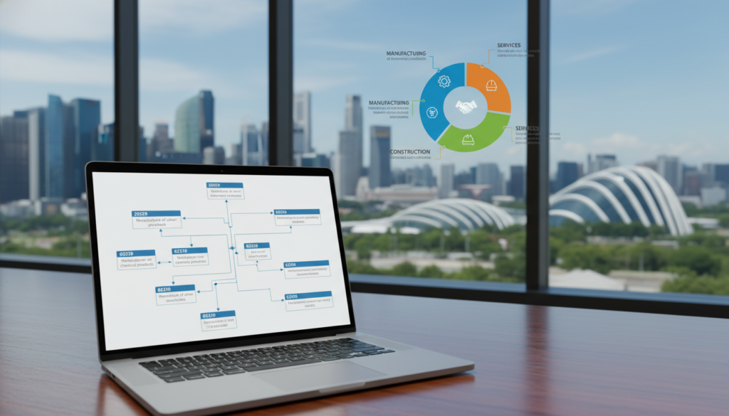 A detailed, photorealistic illustration of the Singapore Standard Industrial Classification (SSIC) system, depicting a structured flowchart with various industry categories. In the foreground, show a sleek, modern office desk with a laptop open to a digital version of the SSIC, showcasing various industry codes and descriptions. In the middle, incorporate a clear, visually appealing infographic representing different industry sectors like manufacturing, services, and construction, each color-coded for easy identification. The background should feature a panoramic view of Singapore's skyline, with iconic buildings partially blurred to emphasize the foreground. Bright, natural lighting illuminates the scene, creating a professional and vibrant atmosphere, captured with a wide-angle lens for depth and perspective. The overall mood should convey clarity, organization, and professionalism, aligning with business and industry analytics.