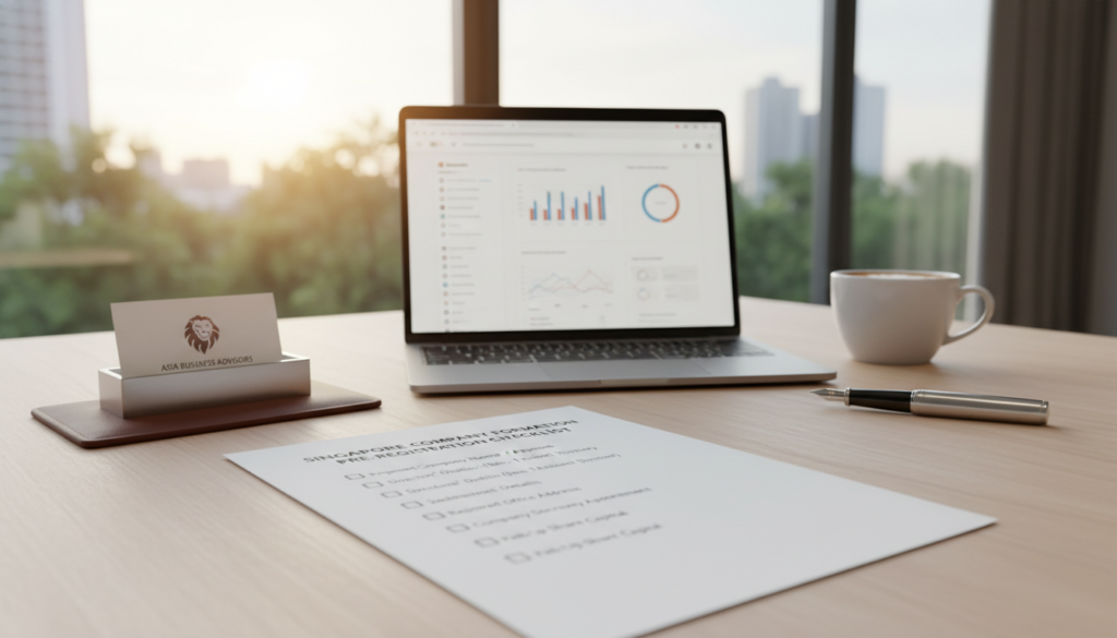 A detailed pre-registration checklist for company formation in Singapore, laid out on a modern, wooden desk. In the foreground, a polished checklist document with checkboxes is neatly arranged alongside professional stationery, including a high-quality pen and a business card holder. In the middle ground, a laptop reflects a business app, while a stylish coffee mug sits nearby. In the background, a large window allows soft, natural light to fill the room, creating a warm and inviting atmosphere. The setting is conducive to focused work, with greenery subtly visible outside, suggesting productivity and professionalism. The overall mood conveys careful planning and success. Photorealistic style, hyper-detailed, well-lit.
