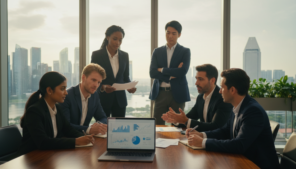 A diverse team of five professionals in business attire gathered around a sleek wooden conference table, collaborating on a project. In the foreground, a South Asian woman points at a laptop screen, while a Caucasian man takes notes. The middle layer features a Black woman reviewing documents and a Hispanic man discussing ideas. A tall East Asian man stands, leaning against the wall with a thoughtful expression. The background includes large windows revealing a cityscape of Singapore, with soft natural light pouring in, creating a warm and inviting atmosphere. The scene conveys teamwork and innovation, highlighting a blend of cultures working harmoniously in a professional setting. The overall mood is focused and optimistic, portraying a successful and united team.