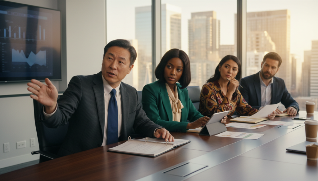 A diverse team of investment professionals engaged in a strategic meeting around a sleek conference table. In the foreground, a middle-aged Asian man in a tailored suit gestures as he discusses governance strategies. Next to him, a young Black woman in a smart blazer takes notes on a digital tablet, while a Hispanic woman in a chic blouse reviews documents. In the background, large windows reveal a modern cityscape, letting in warm natural light. The atmosphere is focused and collaborative, emphasizing professionalism and teamwork. The scene is captured with a shallow depth of field, highlighting the team while softly blurring the city view. The overall mood is one of determination and thoughtful leadership in a corporate environment.