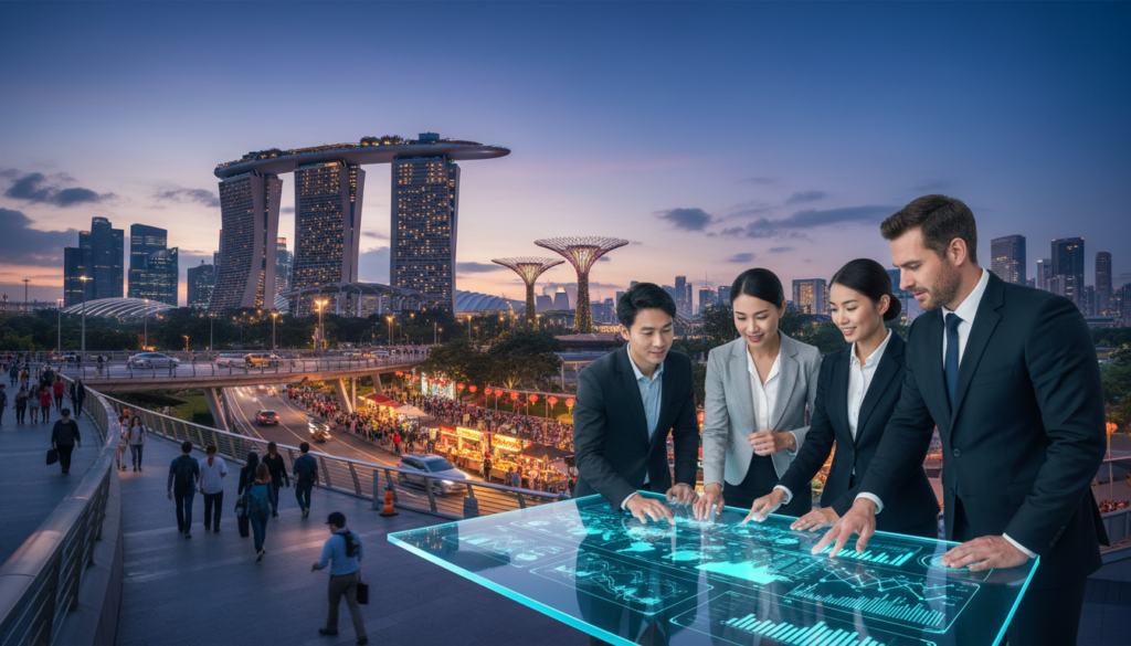 A dynamic cityscape of Singapore at dusk, showcasing the iconic skyline with modern skyscrapers and lush greenery. In the foreground, a diverse group of professionals in smart business attire collaborate around a digital display depicting connectivity trends. The middle ground features a bustling urban area with people commuting, high-tech vehicles, and vibrant street markets. The background highlights the Marina Bay Sands and Gardens by the Bay, illuminated by warm lights, under a colorful sky. Use a wide-angle lens to capture the depth of the scene while maintaining sharp focus on the professionals’ engaged expressions. The atmosphere should convey innovation and collaboration, emphasizing Singapore's advanced infrastructure and vibrant business environment.