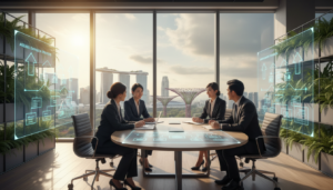 A dynamic, photorealistic visualization of a corporate office space symbolizing growth and scalability in company structures. In the foreground, a group of four diverse professionals in smart business attire discuss over a sleek conference table, analyzing scalable entity structure charts displayed on digital screens. In the middle ground, a large window shows a vibrant Singapore skyline, with iconic skyscrapers representing innovation and expansion. The background features a modern office interior with green plants, symbolizing sustainability and growth. The lighting is bright and welcoming, with natural light streaming in, casting soft shadows. The overall atmosphere conveys professionalism, teamwork, and the strategic planning necessary for successful ASEAN expansion.