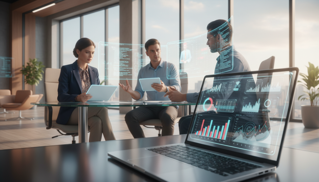 A futuristic office setting featuring a diverse team of remote professionals engaged in payroll data management. In the foreground, a laptop displays a secure payroll management interface with colorful graphs and data charts. The middle ground showcases three team members: a woman in a smart blazer reviewing documents, a man in a casual shirt discussing over a tablet, and another individual analyzing data on a screen. The background presents a modern office space with large windows letting in soft natural light, creating a vibrant and focused atmosphere. The scene conveys a sense of trust and professionalism, highlighting advanced technology for secure payroll governance. Use photorealistic style with a slight depth of field to bring attention to the people and their digital work.