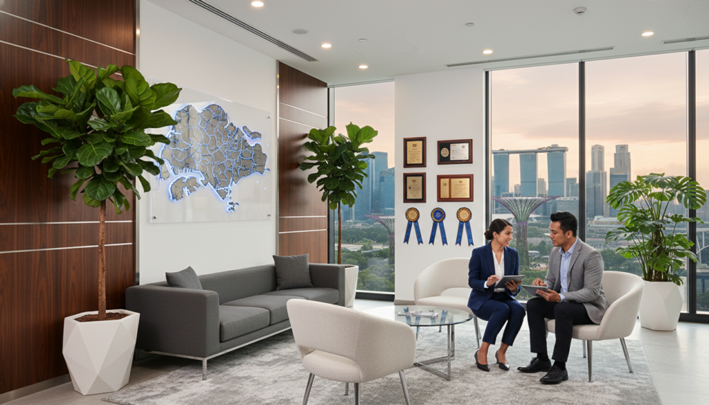 A modern Singaporean office setting, showcasing a sleek reception area with polished wooden panels, contemporary furnishings, and lush indoor plants. In the foreground, a professional businesswoman in a smart suit is discussing with a colleague over a stylish glass table. The middle ground features a prominent wall with a large Singapore map and framed awards for excellence in compliance. In the background, floor-to-ceiling windows offer a view of Singapore’s vibrant skyline, including iconic buildings like Marina Bay Sands and Gardens by the Bay, under soft natural lighting. The atmosphere is professional and inviting, reflecting the essence of virtual office compliance services. Photorealistic details enhance the overall impression of modernity and efficiency.