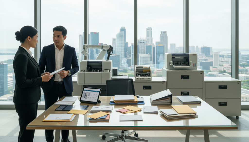 A modern and professional office environment focused on mail management services. In the foreground, a diverse group of two business professionals, a man and a woman, both dressed in smart business attire, are discussing mail sorting options over a sleek, contemporary desk filled with organized mail and packages. In the middle ground, various mail handling equipment, such as a high-tech scanner and filing cabinets, emphasize efficient mail processing. The background features a large window with a cityscape view of Singapore, illuminated by bright daylight, creating a vibrant and optimistic atmosphere. Soft shadows are cast across the workspace, enhancing the depth while maintaining a clean, photorealistic look, ideal for illustrating a professional and secure virtual office concept. A modern and professional office environment focused on mail management services. In the foreground, a diverse group of two business professionals, a man and a woman, both dressed in smart business attire, are discussing mail sorting options over a sleek, contemporary desk filled with organized mail and packages. In the middle ground, various mail handling equipment, such as a high-tech scanner and filing cabinets, emphasize efficient mail processing. The background features a large window with a cityscape view of Singapore, illuminated by bright daylight, creating a vibrant and optimistic atmosphere. Soft shadows are cast across the workspace, enhancing the depth while maintaining a clean, photorealistic look, ideal for illustrating a professional and secure virtual office concept.