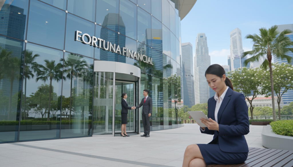 A modern bank building in Singapore, showcasing a sleek, glass facade reflecting the lush greenery and skyline. In the foreground, a professional-looking woman in a business suit examines financial documents on a tablet, embodying a sense of contemplation and decision-making. In the middle ground, the entrance of the bank features an elegant revolving door, with a well-dressed bank manager greeting clients. The background highlights distinct skyscrapers of the Singapore skyline under a clear blue sky, creating an atmosphere of professionalism and stability. The lighting is bright and natural, with soft shadows. The image should evoke a sense of trust and confidence, suitable for individuals evaluating financial institutions. A modern bank building in Singapore, showcasing a sleek, glass facade reflecting the lush greenery and skyline. In the foreground, a professional-looking woman in a business suit examines financial documents on a tablet, embodying a sense of contemplation and decision-making. In the middle ground, the entrance of the bank features an elegant revolving door, with a well-dressed bank manager greeting clients. The background highlights distinct skyscrapers of the Singapore skyline under a clear blue sky, creating an atmosphere of professionalism and stability. The lighting is bright and natural, with soft shadows. The image should evoke a sense of trust and confidence, suitable for individuals evaluating financial institutions.