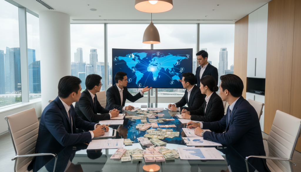 A modern bank office interior, featuring a diverse group of professional individuals in business attire, discussing multi-currency services. In the foreground, a sleek glass conference table holds various currency notes and financial documents, symbolizing global transactions. The middle ground includes a digital screen displaying a world map with currency symbols, highlighting international banking connections. In the background, large windows let in natural light, showcasing a cityscape of Singapore with iconic skyscrapers. Soft, warm lighting enhances the atmosphere, giving a sense of collaboration and financial empowerment. The scene captures a dynamic and professional environment, emphasizing the importance of traditional banks in providing multi-currency business accounts.