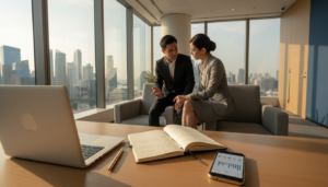 A modern corporate bank office interior in Singapore, showcasing a sleek wooden desk with a closed laptop and an open notebook containing financial notes. In the foreground, a smartphone displays banking apps, while a gold-colored pen rests beside it. The middle ground features a staff member in professional business attire, focused on discussing financial matters with a client, both appearing engaged in conversation. In the background, floor-to-ceiling windows reveal a panoramic view of Singapore's skyline, bathed in natural daylight that casts soft shadows. The atmosphere is professional yet inviting, conveying a sense of trust and opportunity for foreign investors looking to establish a corporate bank account. The scene is photorealistic, with attention to detail in lighting and materials, shot at a slight angle for depth.