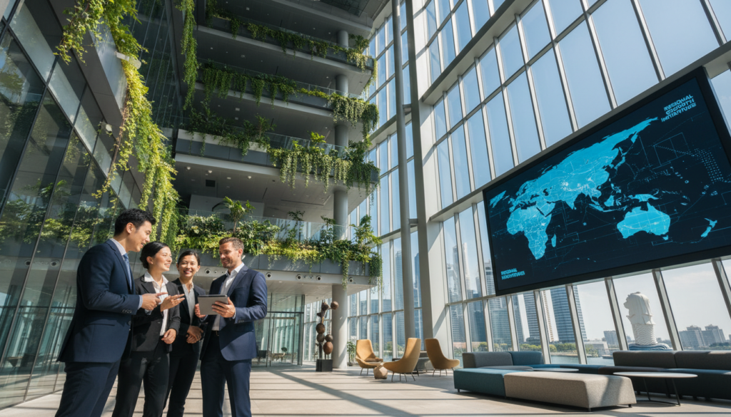 A modern corporate headquarters in Singapore, showcasing sleek architecture with glass facades and greenery integrated into the design. In the foreground, a diverse group of professionals in business attire engaged in discussion, highlighting teamwork and collaboration. The middle ground features a spacious atrium with natural light streaming through large windows, illuminating modern furnishings and a digital display board showing regional maps. In the background, the iconic Singapore skyline with Marina Bay Sands and the Merlion statue peeking through, under a clear blue sky. The mood is vibrant and optimistic, emphasizing a forward-thinking approach to regional operations. The image should have a bright and inviting atmosphere, captured from a low angle to accentuate the structure's height and modernity, with a focus on detail and realism. A modern corporate headquarters in Singapore, showcasing sleek architecture with glass facades and greenery integrated into the design. In the foreground, a diverse group of professionals in business attire engaged in discussion, highlighting teamwork and collaboration. The middle ground features a spacious atrium with natural light streaming through large windows, illuminating modern furnishings and a digital display board showing regional maps. In the background, the iconic Singapore skyline with Marina Bay Sands and the Merlion statue peeking through, under a clear blue sky. The mood is vibrant and optimistic, emphasizing a forward-thinking approach to regional operations. The image should have a bright and inviting atmosphere, captured from a low angle to accentuate the structure's height and modernity, with a focus on detail and realism.