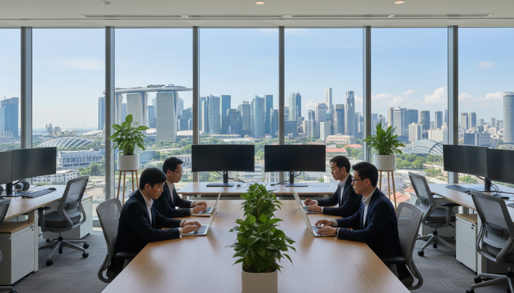 A modern family office setup in Singapore, showcasing a sleek, contemporary workspace with large windows offering a view of the city skyline. In the foreground, a polished wooden conference table is surrounded by professional individuals in business attire engaged in a discussion, reflecting a collaborative atmosphere. The middle features modern office furniture, including ergonomic chairs and high-tech computers, adorned with potted plants adding a touch of nature. The background highlights Singapore’s iconic skyscrapers under a bright, sunny sky. Soft, diffused natural light spills into the space, creating an inviting and productive mood. The composition should capture a sense of professionalism and success.