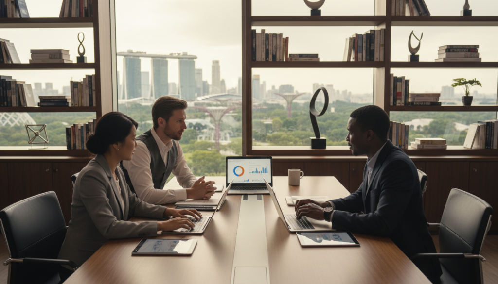 A modern fintech business account setup in a sleek, professional office environment. In the foreground, a diverse group of three individuals—an Asian woman, a Caucasian man, and a Black man—are engaged in a discussion around a high-tech table with laptops and digital tablets, all wearing professional attire. The middle layer features a large window revealing the Singapore skyline with iconic buildings, and greenery from nearby parks. The background includes shelves filled with financial literature and modern decor. Soft daylight filters through the window, casting a warm glow on the scene. The overall atmosphere is focused and innovative, emphasizing collaboration and technology in the fintech sector. The image should have a photorealistic quality, captured from a slightly elevated angle to provide depth to the office space.