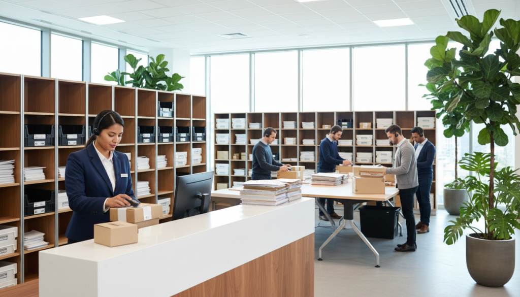 A modern mail handling service office environment, showcasing a sleek reception area in the foreground with a professional receptionist in business attire managing packages and correspondence. In the middle ground, organized shelves filled with boxes and mail containers, with a team of focused individuals, dressed in smart casual attire, efficiently sorting and processing mail. The background features large windows allowing natural light to flood the space, illuminating the contemporary design with clean lines and vibrant office plants. The atmosphere is dynamic and streamlined, conveying a sense of productivity and organization, with a warm and inviting feel, captured through a wide-angle lens to emphasize the depth of the space and busy activity.