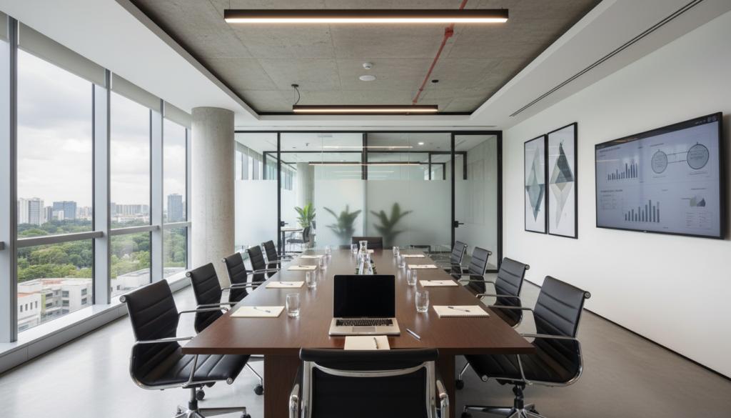 A modern meeting room designed for professional use, featuring a large wooden conference table surrounded by ergonomic black leather chairs. The foreground displays a well-organized table with a laptop, notepads, and pens neatly arranged. In the middle ground, the room is illuminated by soft, diffused natural light streaming through floor-to-ceiling windows, creating a bright and inviting atmosphere. The walls are adorned with contemporary artwork and digital screens displaying presentations. In the background, plush private rooms are visible, equipped with soundproofing and minimalist decor, ideal for focused discussions. The mood is professional, fostering collaboration and productivity, captured with a wide-angle lens to emphasize the spaciousness of the room. Photorealistic details enhance the overall impression of a sophisticated virtual office environment in Singapore.