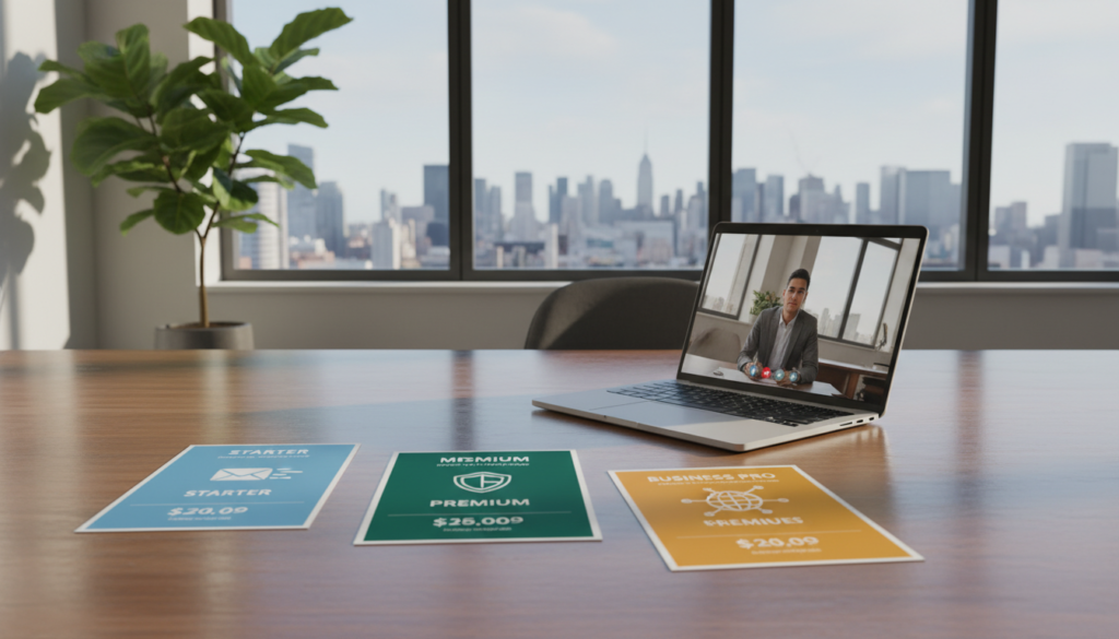 A modern office desk setup showcasing various pricing packages for a mail service. In the foreground, a sleek, organized desk features neatly stacked brochures displaying vibrant pricing tiers, with each package represented using distinct colors and icons symbolizing features. A laptop displaying a virtual consultation session is slightly angled towards the viewer, creating a dynamic perspective. In the middle ground, sunlight filters through a large window, casting soft highlights on the desk. The background suggests a professional office environment, with a potted plant and a city skyline visible outside, conveying a sense of professionalism. The lighting is warm and inviting, creating a productive and secure atmosphere. Aim for a photorealistic portrayal, focusing on clarity and detail, without any text or branding elements included. A modern office desk setup showcasing various pricing packages for a mail service. In the foreground, a sleek, organized desk features neatly stacked brochures displaying vibrant pricing tiers, with each package represented using distinct colors and icons symbolizing features. A laptop displaying a virtual consultation session is slightly angled towards the viewer, creating a dynamic perspective. In the middle ground, sunlight filters through a large window, casting soft highlights on the desk. The background suggests a professional office environment, with a potted plant and a city skyline visible outside, conveying a sense of professionalism. The lighting is warm and inviting, creating a productive and secure atmosphere. Aim for a photorealistic portrayal, focusing on clarity and detail, without any text or branding elements included.