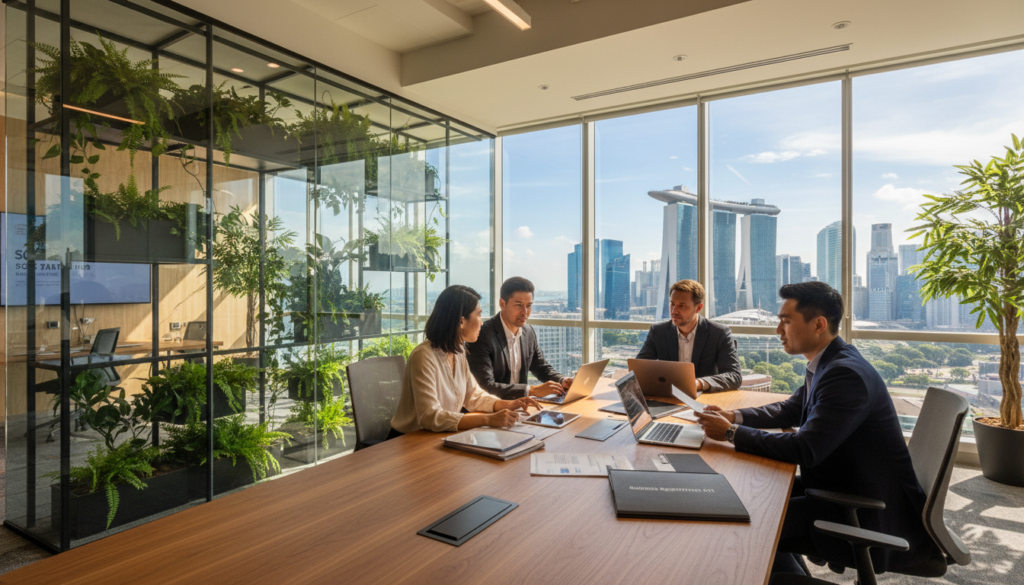A modern office environment designed for entrepreneurs in Singapore, showcasing a sleek workspace set up for business registration. In the foreground, a diverse group of professionals in business attire are engaged in a discussion around a large table covered with documents and laptops. The middle of the image features glass walls displaying greenery, symbolizing Singapore's urban landscape. In the background, a panoramic view of the iconic Marina Bay Sands and the skyline, under a bright, sunny atmosphere. Soft, natural light filters in from the windows, creating a warm, inviting ambiance. The composition should convey professionalism and innovation, representing Singapore as a prime destination for foreign entrepreneurs. Photorealistic style, wide-angle perspective.