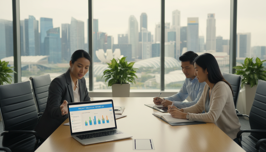 A modern office environment featuring a diverse team of professionals engaged in collaborative discussions around a large conference table. In the foreground, a focused woman in business attire is presenting a digital dashboard on a laptop, showcasing charts and graphs related to ongoing project reporting. In the middle ground, two colleagues, one male and one female, are analyzing documents and taking notes, conveying a sense of teamwork and strategy. The background displays a large window with a view of Singapore's skyline, illuminated by soft, natural daylight. The atmosphere is dynamic yet calm, emphasizing productivity and professionalism. The image is photorealistic, capturing the intricate details of the office setup with a depth of field that highlights the group's activities.