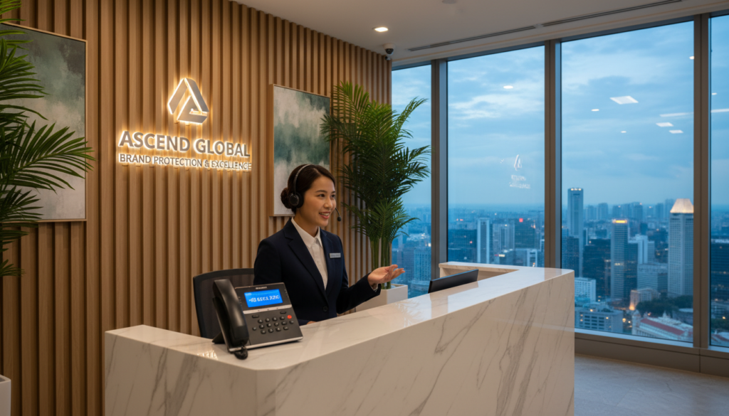 A modern office environment in Singapore showcasing a polished reception area. In the foreground, a sleek desk with a contemporary design, featuring a stylish phone set displaying a phone number on its screen. A professional receptionist in smart business attire is engaged in a conversation, projecting a welcoming and efficient demeanor. The middle ground captures elegant office decor with soft lighting and greenery, adding warmth to the space. In the background, large windows reveal a panoramic view of Singapore's skyline, suggesting a dynamic business atmosphere. The overall mood is professional and inviting, with a focus on brand protection and customer service excellence. Photorealistic detail, using a shallow depth of field, enhances the image's clarity and impact.