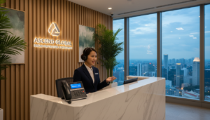 A modern office environment in Singapore showcasing a polished reception area. In the foreground, a sleek desk with a contemporary design, featuring a stylish phone set displaying a phone number on its screen. A professional receptionist in smart business attire is engaged in a conversation, projecting a welcoming and efficient demeanor. The middle ground captures elegant office decor with soft lighting and greenery, adding warmth to the space. In the background, large windows reveal a panoramic view of Singapore's skyline, suggesting a dynamic business atmosphere. The overall mood is professional and inviting, with a focus on brand protection and customer service excellence. Photorealistic detail, using a shallow depth of field, enhances the image's clarity and impact.