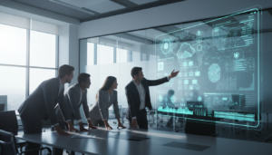 A modern office environment showcasing a large digital screen displaying intricate security access controls and data governance visuals. In the foreground, a diverse group of professionals in business attire deeply engaged in discussions, analyzing the data on the screen. The middle ground features sleek, transparent glass partitions reflecting light, with soft blue and green tones illuminating the space, creating a high-tech atmosphere. In the background, cloud computing imagery interspersed with digital lock icons and network diagrams, symbolizing security and data protection. The scene is well-lit with natural light streaming through large windows, creating a bright and optimistic mood, captured from a slightly elevated angle to emphasize the digital elements and collaborative essence. Photorealistic style with sharp focus on details.