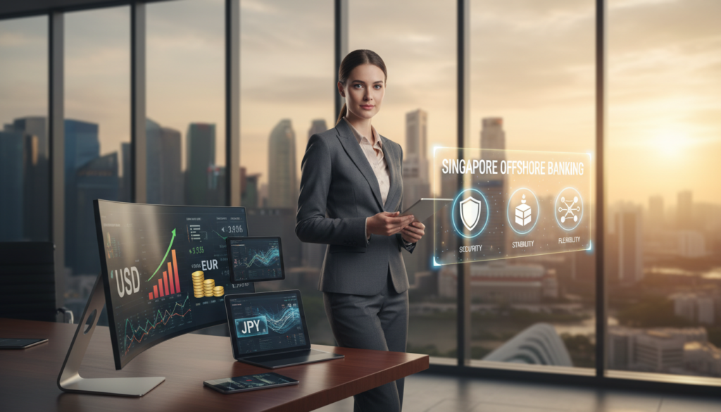A modern office environment showcasing multiple digital devices displaying different currencies, including US dollars, euros, and yen, symbolizing multi-currency accounts. In the foreground, a professional businesswoman in a smart suit stands beside a sleek desk, analyzing financial graphs on a tablet. The middle ground features an interactive virtual display highlighting the benefits of Singapore offshore banking, with glowing icons representing security, stability, and flexibility. In the background, large windows reveal a panoramic view of Singapore's skyline, bathed in warm, natural light creating an inviting atmosphere. Use a shallow depth of field to focus on the woman and devices, capturing a sense of professionalism and modernity in this dynamic financial landscape.