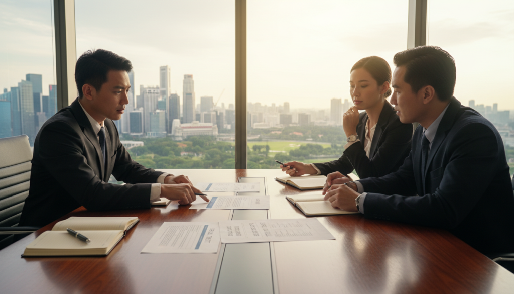 A modern office environment with a large wooden conference table in the foreground, set for a meeting. On the table, there are neatly arranged documents representing various types of trusts, such as family trusts, asset protection trusts, and charitable trusts. In the middle ground, a diverse group of three business professionals—two men and one woman, all in formal business attire—are engaged in discussion, pointing at the documents with thoughtful expressions. The background features a large window showcasing the Singapore skyline, bathed in soft, natural light, creating an optimistic and professional atmosphere. The image should have a sharp focus, capturing the intent and deliberation in the scene, while conveying a sense of trust and collaboration among the business owners.