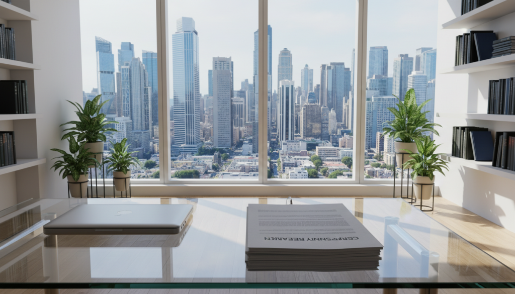 A modern office interior with a sleek desk made of glass and metal in the foreground, featuring a laptop and a stack of documents labeled “Company Registration”. In the middle ground, a large window offers a view of a cityscape full of towering skyscrapers, indicating a busy urban environment ideal for business activities. The background is adorned with decorative potted plants and shelves containing business books, creating a professional atmosphere. The lighting is bright and inviting, simulating natural daylight streaming through the window. The scene conveys a mood of professionalism, compliance, and efficiency, emphasizing the importance of a registered office address. The composition should be shot at a slightly elevated angle, capturing the depth of the office space.
