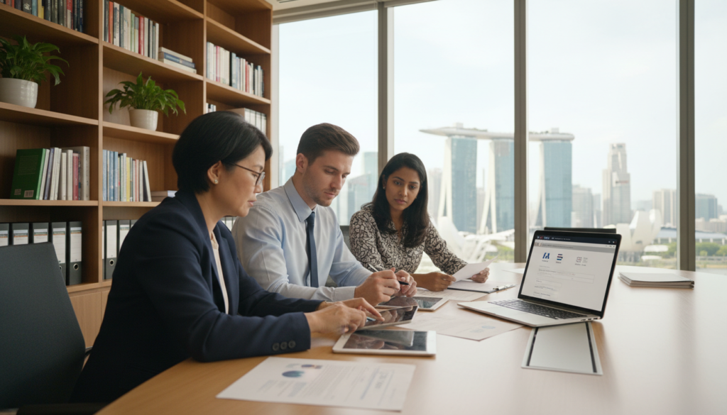 A modern office setting depicting the process of company registration. In the foreground, a diverse group of professionals in smart business attire, including a middle-aged Asian woman, a young Caucasian man, and a South Asian woman, are gathered around a sleek table covered with documents, tablets, and a laptop displaying the BizFile+ interface. In the middle, a large window showcases the Singapore skyline with its iconic buildings, allowing natural light to flood the space, creating a bright and inviting atmosphere. In the background, shelves with legal books and decorative plants add a touch of professionalism. The mood is focused yet collaborative, with an emphasis on the importance of proper incorporation. The scene is photorealistic, captured with a wide-angle lens to emphasize the space and energy of the office environment. A modern office setting depicting the process of company registration. In the foreground, a diverse group of professionals in smart business attire, including a middle-aged Asian woman, a young Caucasian man, and a South Asian woman, are gathered around a sleek table covered with documents, tablets, and a laptop displaying the BizFile+ interface. In the middle, a large window showcases the Singapore skyline with its iconic buildings, allowing natural light to flood the space, creating a bright and inviting atmosphere. In the background, shelves with legal books and decorative plants add a touch of professionalism. The mood is focused yet collaborative, with an emphasis on the importance of proper incorporation. The scene is photorealistic, captured with a wide-angle lens to emphasize the space and energy of the office environment.