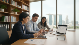 A modern office setting depicting the process of company registration. In the foreground, a diverse group of professionals in smart business attire, including a middle-aged Asian woman, a young Caucasian man, and a South Asian woman, are gathered around a sleek table covered with documents, tablets, and a laptop displaying the BizFile+ interface. In the middle, a large window showcases the Singapore skyline with its iconic buildings, allowing natural light to flood the space, creating a bright and inviting atmosphere. In the background, shelves with legal books and decorative plants add a touch of professionalism. The mood is focused yet collaborative, with an emphasis on the importance of proper incorporation. The scene is photorealistic, captured with a wide-angle lens to emphasize the space and energy of the office environment.