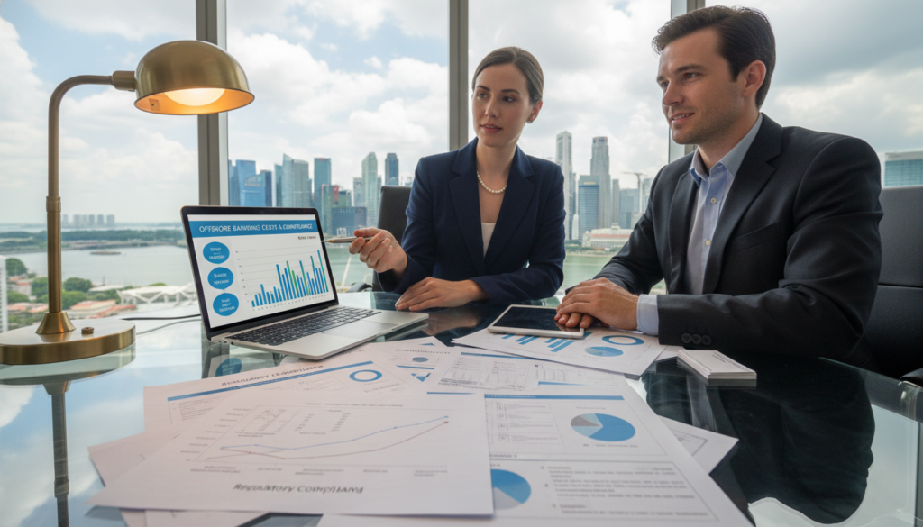 A modern office setting featuring a professional businesswoman and businessman in smart attire, sitting at a sleek glass table with papers and a laptop displaying diagrams of costs and compliance related to offshore banking. The foreground shows detailed documents with financial graphs and checklists. In the middle, a bright desk lamp casts warm light over the documents, creating a focused atmosphere. The background includes a city skyline visible through large windows, emphasizing the global aspect of offshore accounts. The mood is serious yet optimistic, reflecting the careful considerations of opening an offshore account in Singapore. Use photorealistic textures, with soft, natural lighting and a slightly low angle to enhance the seriousness of the discussion.