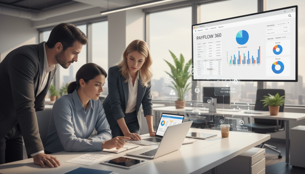 A modern office setting featuring a sleek, professional payroll software interface displayed on a high-resolution monitor. In the foreground, a diverse group of professionals in smart business attire collaborates over a laptop and tablet, reviewing payroll data with expressions of focus and teamwork. In the middle ground, there are charts and infographics illustrating payroll integration, connected workflows, and analytics. The background showcases a contemporary office environment with large windows allowing natural light to flood in, casting warm shadows across the room. The atmosphere is innovative and efficient, reflecting the theme of streamlined payroll management solutions. The image should be photorealistic, with a focus on clarity and detail.