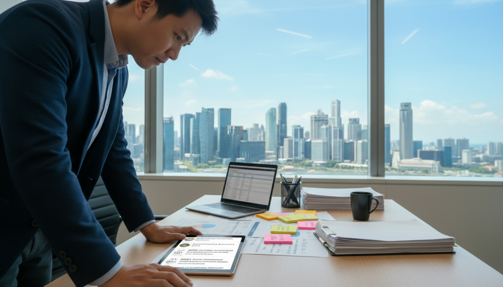 A modern office setting focused on the concept of SSIC codes. In the foreground, a professional individual in business attire is closely examining a digital tablet displaying various SSIC codes and descriptions. The middle layer features a sleek desk with paperwork, a laptop, and post-it notes, symbolizing the organization of business registration. In the background, a large window provides natural light, revealing a city skyline of Singapore, creating an urban atmosphere. The lighting is bright and inviting, enhancing the clarity of the SSIC codes displayed on the tablet. The overall mood is professional and focused, reflecting the importance of understanding SSIC codes for corporate registration in Singapore. Photorealistic details ensure an engaging visual for readers.