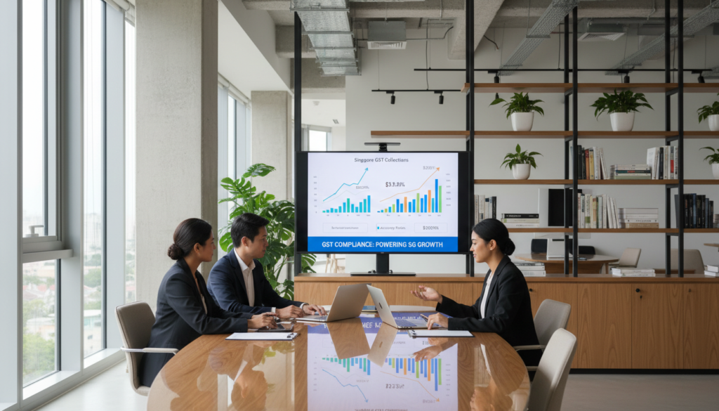 A modern office setting focused on the theme of managing GST in Singapore. In the foreground, a professional, ethnically diverse team of three business people, dressed in smart casual attire, is engaged in a discussion around a sleek conference table. In the middle, a large screen displays a detailed chart with rising graphs and GST figures, symbolizing accuracy in charging GST. Soft, natural lighting filters in from large windows, creating a warm and inviting atmosphere. The background features a contemporary office design with potted plants and shelves filled with business books, contributing to a sense of professionalism and focus. The overall mood is collaborative and efficient, emphasizing the importance of correct GST management in a remote work environment.