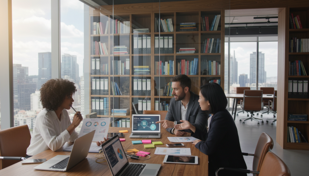 A modern office setting, foreground features a diverse group of three professionals engaged in a collaborative discussion over a table cluttered with laptops, digital devices, and colorful notes. One woman is analyzing a document with SSIC codes while a man points at a chart displayed on a tablet. The middle ground includes a glass wall showcasing a cityscape view that enhances the atmosphere of a dynamic business environment. The background has shelves filled with books on business classification and a boardroom visible. Soft, natural light filters through the large windows, highlighting the focus on teamwork and problem-solving. The scene conveys an atmosphere of professionalism, collaboration, and the complexities of modern business models.