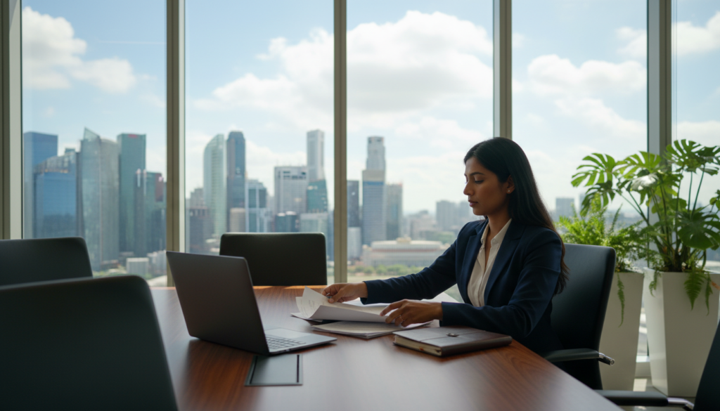 A modern office setting in Singapore, featuring a sleek, contemporary conference room. In the foreground, a professional corporate secretary, a South Asian woman in a smart business suit, is diligently organizing documents and a laptop on a polished wooden table. The middle ground showcases a large glass window revealing a panoramic view of the Singapore skyline, with tall skyscrapers under bright daylight. In the background, a subtle hint of greenery from potted plants adds a fresh touch to the environment. Soft, natural lighting filters through the glass, creating an uplifting and productive atmosphere. The focus is on professionalism and efficiency, capturing the essence of modern corporate secretarial services tailored for contemporary businesses. Photorealistic style, depth of field for a clear focus on the secretary.