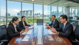 A modern office setting in Singapore illustrating the concept of tax incentives for businesses. In the foreground, a diverse group of professionals, dressed in smart business attire, are engaged in a dynamic discussion around a sleek conference table, with documents and charts displaying potential tax benefits. In the middle ground, a large window offers a panoramic view of Singapore’s skyline, showcasing iconic skyscrapers, lush greenery, and the Marina Bay Sands, highlighting the city's business-friendly environment. The background features a bright, well-lit office space, accentuated by natural light streaming in. The atmosphere is optimistic and collaborative, emphasizing innovation and opportunity in a bustling economic hub. Photorealistic details bring the scene to life, capturing the vibrancy of Singapore’s corporate landscape.