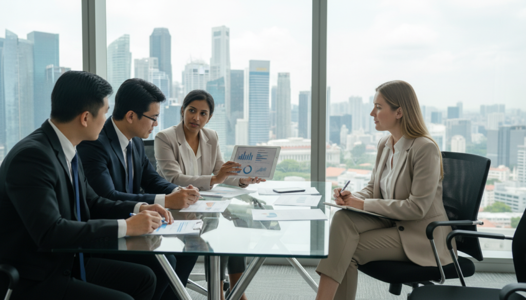 A modern office setting showcasing a diverse group of four professionals engaged in a discussion about business banking solutions. In the foreground, two men in tailored suits—one of Asian descent and the other Black—analyze financial documents on a sleek glass table. A woman of South Asian descent in a smart blazer presents data on a tablet, while a Caucasian woman in business casual sits back, listening attentively with a notepad. The middle ground features a large window with cityscape views of Singapore’s skyline, bathed in natural light, adding a vibrant atmosphere. Soft shadows create an inviting mood, highlighting the importance of collaboration in choosing the right banking solutions for different business needs and growth stages. The image should be photorealistic, focusing on professionalism without any text or branding.