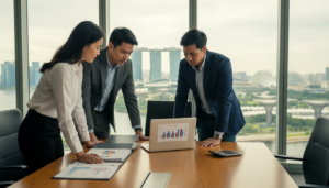A modern office setting showcasing a professional business meeting about GST voluntary registration in Singapore. In the foreground, a diverse group of three business professionals dressed in smart attire—one woman in a tailored blouse, one man in a suit, and one person in smart-casual attire—are engaged in discussion, examining documents and a laptop with GST charts displayed. The middle ground features a sleek conference table and a notepad with a calculator, symbolizing the financial aspect of registration. The background displays a large window revealing the iconic Singapore skyline, casting soft natural light into the room. The atmosphere is focused and collaborative, conveying a sense of determination and growth, ideal for entrepreneurs considering voluntary registration. Photorealistic representation with balanced lighting, shot from a slightly elevated angle to capture the full scene.
