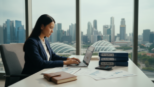 A modern office setting showcasing tax and compliance management in Singapore. In the foreground, a focused businesswoman in professional attire is seated at a sleek desk, reviewing financial documents on a laptop with a thoughtful expression. The middle ground features various documents, stacks of paperwork, and a calculator arranged meticulously, symbolizing order and organization. In the background, a large window offers a view of Singapore’s skyline, with iconic buildings representing the city’s business environment. The lighting is soft and natural, creating a calm and productive atmosphere. The overall mood conveys professionalism and confidence in financial management. The image should be photorealistic, with attention to detail in reflections and textures.