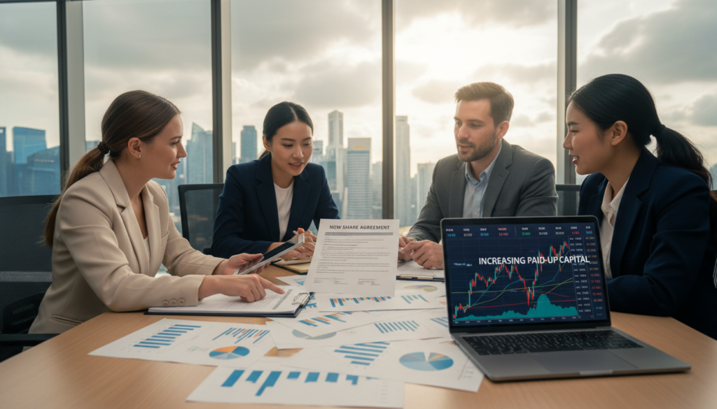 A modern office setting with a focus on a diverse group of four professionals, two men and two women, engaged in a discussion about financial documents representing new share issuance. In the foreground, a large table is covered with charts and a laptop displaying graphs. In the middle ground, the professionals, dressed in smart business attire, are reviewing a document labeled "New Share Agreement." The background includes a large window overlooking a skyline of Singapore's financial district, with clouds filtering soft natural light into the room. The atmosphere conveys a sense of collaboration and growth, emphasizing the theme of increasing paid-up capital. Use a shallow depth of field to keep the focus on the people and documents, creating a photorealistic effect.