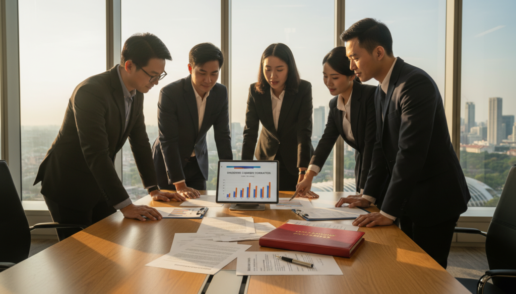 A modern office setting with a large wooden conference table in the foreground, displaying an assortment of incorporation documents including forms, a digital tablet showing charts, and a stylish fountain pen. In the middle, a diverse group of professional individuals in business attire engaged in discussion, with one person pointing to a document. The background features a panoramic view of Singapore's skyline through a large glass window, golden sunlight streaming in, casting warm, inviting light across the scene. The mood is collaborative and focused, emphasizing the importance of understanding incorporation requirements for an offshore company in Singapore. The image should be photorealistic, showcasing details like reflections on glass and texture of the documents.
