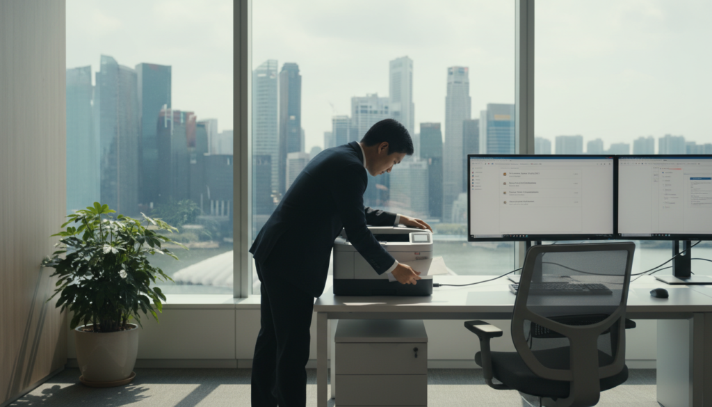 A modern office setup showcasing a sleek mail scanning operation. In the foreground, a professional wearing business attire, concentrated on scanning a letter with a high-quality scanner that connects to a computer displaying a digital inbox filled with organized emails. In the middle, a bright and organized workspace features stylish office furniture, a potted plant, and soft lighting from a nearby window, creating a warm atmosphere. The background highlights a blurred view of a bustling urban skyline outside, symbolizing Singapore’s vibrant business environment. The lighting is soft yet clear, casting gentle shadows that emphasize the professionalism of the scene. The image embodies efficiency and modernity in a virtual office setting, perfect for illustrating the concept of seamless mail handling.