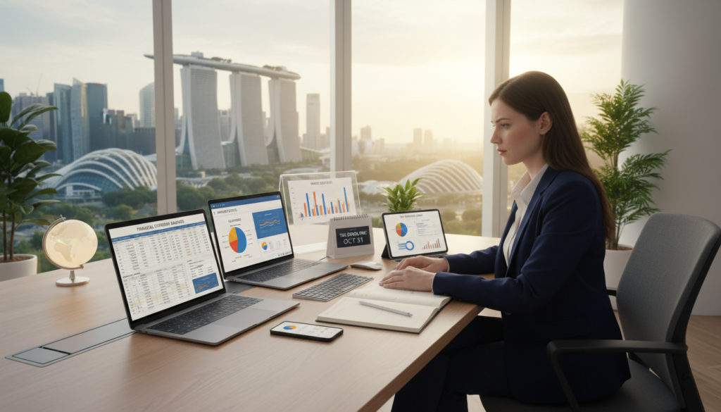 A modern office space featuring a sleek desk with two laptops displaying financial software, invoices, and tax documents. In the foreground, a professional woman in smart business attire is reviewing financial data on one of the laptops, her focused expression highlighting the importance of her work. The middle ground showcases an organized workspace with charts, graphs, and digital devices, symbolizing advanced tax filing capabilities. The background includes a large window revealing a cityscape of Singapore, softly illuminated by natural daylight, enhancing the atmosphere of clarity and professionalism. The lighting is bright yet soft, creating a warm and inviting environment. The overall mood is one of assurance and financial diligence, reflecting the theme of secure, software-enabled tax filing and financial visibility.