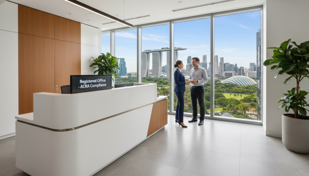 A modern office space in Singapore, featuring a sleek reception area with a contemporary design. The foreground includes a polished reception desk with a digital sign displaying "Registered Office - ACRA Compliance." In the middle, a professional-looking woman in business attire is discussing with a colleague by a large window showcasing a stunning view of Singapore's skyline, including iconic buildings like Marina Bay Sands. The background captures lush greenery contrasting with the glass and steel structures of the city. The lighting is bright and natural, highlighting the professionalism of the workspace. The mood is one of productivity and compliance, reflecting a sophisticated business environment suitable for a holding company in Singapore. Photorealistic style, viewed from a slightly angled perspective to enhance depth.